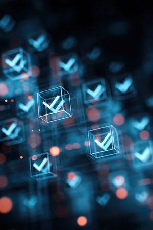 Futuristic digital concept showcasing productivity and workflow with holographic checkmarks floating in the air, highlighting a tech innovation aesthetic in a dynamic, abstract setting.の素材