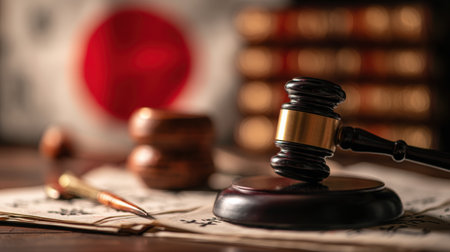 A gavel rests on legal documents with a softly visible Japanese flag in the bokeh background, illuminated by warm cinematic lighting, symbolizing law and justice.の素材