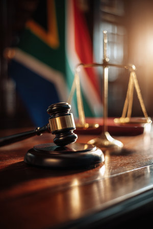 Gavel and scales of justice on a mahogany desk with the South African flag in the background. Warm sunlight and cinematic lighting enhance the legal symbolism of the scene.の素材