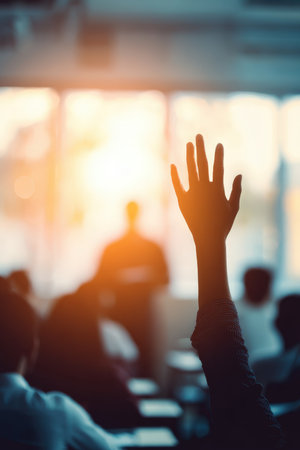 A silhouette of a raised hand in a bright, modern lecture room with a blurred professor in the background, emphasizing educational engagement and cinematic realism.の素材