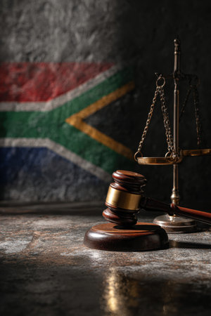 A gavel and scales of justice rest on a stone surface, with the South African flag reflected in the metallic finish. Captured in vibrant daylight, this image symbolizes justice.の素材