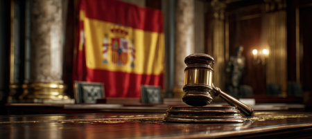 A gavel rests on a polished table with the Spanish flag draped in the background, set in a classic courtroom interior featuring golden tones and documentary-style realism.の素材
