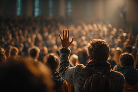 A student raises their hand in a university auditorium filled with attentive peers. The warm lighting and cinematic tone create an engaging academic atmosphere.の素材