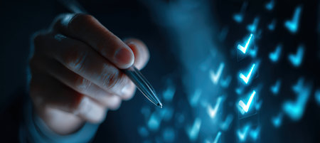 A close-up image of a hand using a stylus to tick digital checkmarks, symbolizing success and progress tracking. The scene features a futuristic tone with photorealistic lighting.の素材