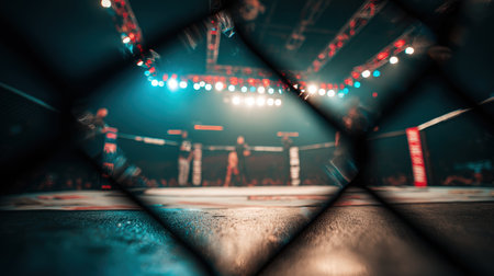 A photographer captures an intense MMA fight from ringside, with a blurred cage mesh in the foreground. The image features vivid motion blur and striking color grading.の素材