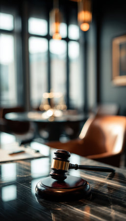 A modern law office interior featuring a gavel in focus, illuminated by soft daylight. The setting exudes an elegant and professional tone, ideal for legal themes.の素材