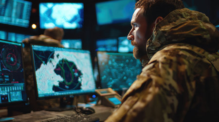 A soldier in a camouflage jacket works in a high-tech operations room, analyzing aircraft movement on radar displays. Multiple monitors show global maps and surveillance data.の素材
