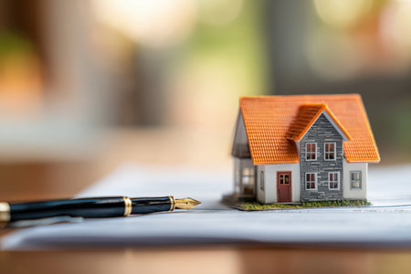 A miniature suburban home sits on a table with a financial agreement being signed in the background. The scene is captured in soft daylight, emphasizing professional realism.の素材