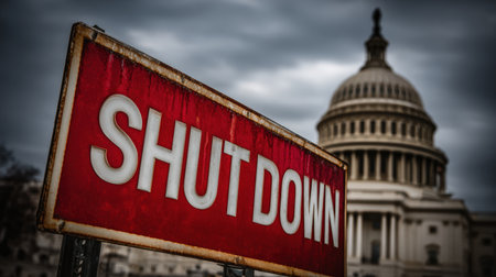 A bold red and white "SHUT DOWN" sign stands in stark contrast to the historic U.S. Capitol under cloudy skies, creating a dramatic and symbolic editorial image.の素材