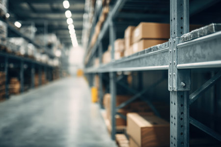Cinematic photo of empty metal shelving in a warehouse, featuring a shallow depth of field with blurred boxes in the background, creating a minimalist industrial tone.の素材