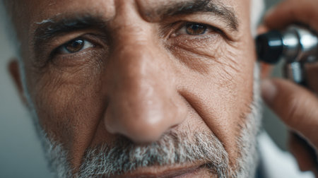 Close-up of a mature man with a short grey beard during a clinical checkup. A doctor uses an otoscope in a minimal, modern hospital interior, creating a calm atmosphere.の素材