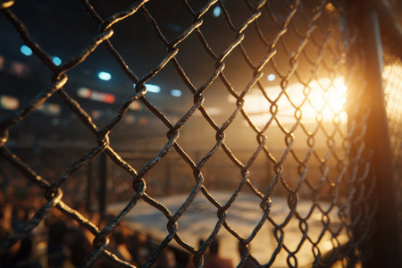 Close-up of an MMA cage bathed in golden evening light, creating a nostalgic retro sports feel. Dust particles float in the air, with cinematic lighting and shallow depth of field.の素材