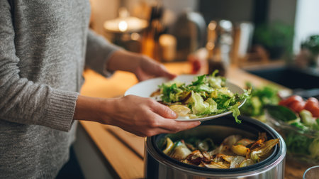A woman in casual homewear discards salad leftovers into a trash can, illustrating household food waste. The scene captures a modern kitchen interior with a focus on sustainability.の素材