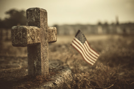 A weathered stone cross stands in an open field beside a faded American flag. The sepia tones and soft lighting create a nostalgic, vintage photography look with a side profile composition.の素材