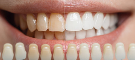 Macro photo showcasing a dental whitening comparison using a color scale. The image highlights the difference in tooth shades with a clean, clinical tone and soft gradient background.の素材