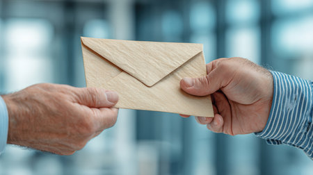 Close-up image of two people exchanging an envelope, one in formal attire and the other in a striped shirt. The blurred office background adds an atmosphere of secrecy and intrigue.の素材