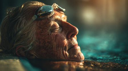 An elderly swimmer with goggles rests peacefully at the pool's edge. Soft sunlight reflects on the water, creating a serene and minimalist photo-realistic scene.の素材