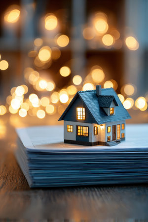 A macro shot of a house model placed on a stack of approved documents. The blurred background features elegant bokeh lights, creating a cinematic and sophisticated ambiance.の素材