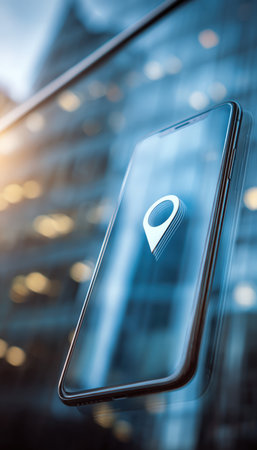 A sleek smartphone screen reflects on a glass building, showcasing a digital navigation pin. The image captures a minimalist and cinematic photorealistic composition.の素材