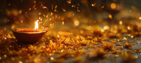 A close-up image of a Diwali oil lamp with a softly glowing flame, surrounded by scattered flower petals and confetti. The warm golden tones create a minimalist festive atmosphere.の素材