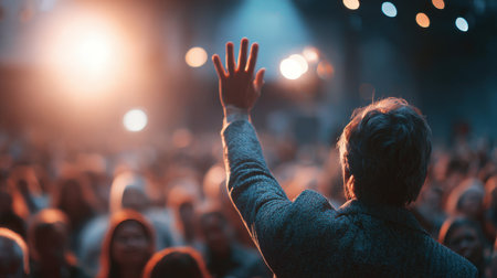A motivational speaker captivates an audience, with one participant raising their hand. The scene is set with cinematic lighting and focused composition, highlighting engagement.の素材