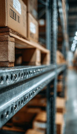 Close-up macro shot of a metal shelf texture in an industrial setting, with a blurred background of boxes. The image highlights minimalistic industrial details and textures.の素材
