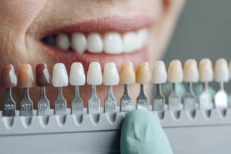 A dentist's hand holds a teeth color chart near a patient's smile, showcasing various shades. The image features a professional, clean composition with soft, neutral tones.の素材