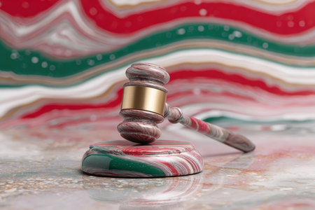 A gavel floats above a marble base, reflecting the colors of the Italian flag. The glossy surface and surreal composition create a striking artistic symbolism.の素材