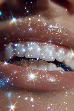 A surreal macro image showcasing a smile with perfect teeth, enhanced by sparkling bokeh effects. The smooth lighting and artistic composition symbolize beauty and elegance.の素材