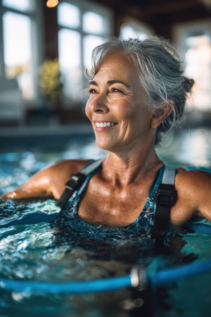 A joyful senior woman exercises with aqua equipment in a pool, bathed in morning light. The image captures a positive lifestyle and energy, with natural tones and a documentary style.の素材