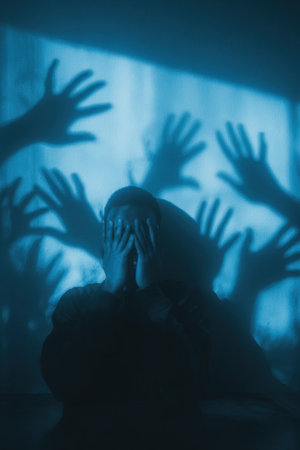 A person covers their face, surrounded by shadowy hands on a wall, symbolizing pressure and fear. The blue monochrome lighting adds a dramatic, emotional, and cinematic effect.の素材