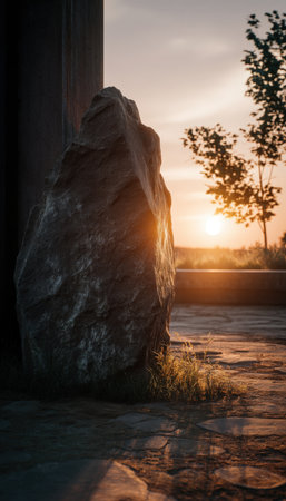 A small flag stands beside a memorial stone during sunset, creating a solemn and respectful atmosphere. The scene is bathed in warm, natural tones, capturing documentary realism.の素材