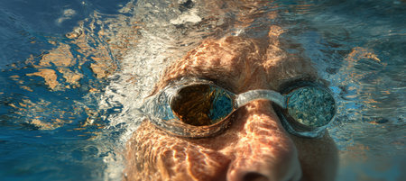 A senior swimmer's face is creatively captured through rippling water, showcasing abstract reflections and light distortions, creating a fine-art realism effect.の素材