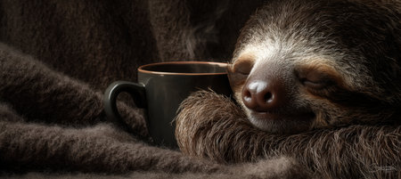 A charming sloth rests peacefully with its paw on a steaming coffee mug. The soft lighting highlights the fur texture, creating a cute and calm atmosphere in this artistic studio photo.の素材