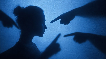Fine-art photograph depicting a woman's profile surrounded by pointing fingers, symbolizing judgment. The image features deep shadows and a glowing blue tone, enhancing its emotional impact.の素材