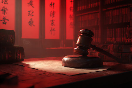Photorealistic image of a Chinese courtroom featuring a gavel and law documents under a warm spotlight. The scene is dominated by red tones, creating an intense atmosphere.の素材