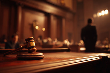 Cinematic image of a courtroom with a focus on a gavel on the judge's bench. The background features a blurred attorney, enhancing the scene's realism and depth.の素材