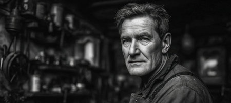 A striking black and white portrait of a car mechanic in a vintage workshop. The image features strong contrast and a classic documentary aesthetic, highlighting the mechanic's expression.の素材