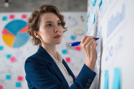 A businesswoman in a navy blue suit writes data-driven insights on a whiteboard, surrounded by pie charts and sticky notes in a clean, bright office environment.の素材
