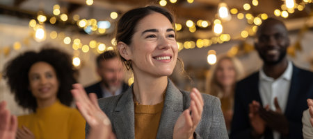 A young businesswoman claps and smiles among colleagues during a small success celebration. The scene is warmly lit with festive decorations, capturing a moment of team camaraderie.の素材