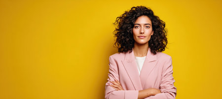 Professional woman with curly hair stands confidently with hands on hips, wearing a soft pink blazer. Isolated on a vibrant yellow background, the image features high clarity and clean lines.の素材