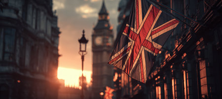 The Union Jack waves in the wind against the backdrop of the British Parliament during golden hour, creating a moody and cinematic scene with high-definition realism.の素材