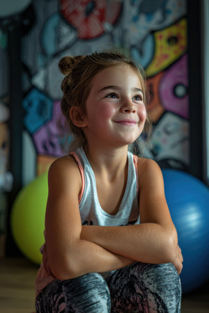 A young girl performs wall sits at home, smiling and focused. The background features a colorful kids' workout space, creating an energetic and playful atmosphere.の素材