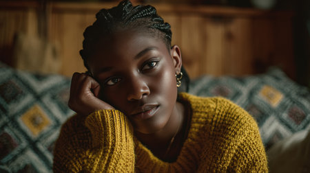 A young woman with neat cornrow braids and dark skin sits on a patterned sofa, wearing a yellow jumper. She holds a test in her hand, set in a modern home interior with wooden details.の素材