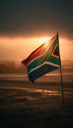 The South African flag waves majestically in the warm glow of sunrise, set against open plains. The scene captures a cinematic and emotional atmosphere with a sense of freedom.の素材