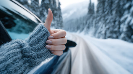 A Scandinavian woman's hand with painted nails gives a thumbs-up from a sleek electric car driving through snowy pine forests. The scene captures cold blue tones and a cinematic winter feel.の素材