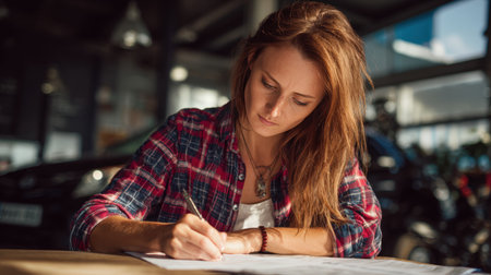 Young woman with chestnut hair signs car rental documents in a rustic used car dealership. The scene is illuminated by natural sunlight, creating a nostalgic atmosphere.の素材