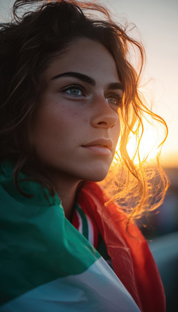 An Italian football supporter is wrapped in the tricolor flag, displaying a look of determination. The scene is set against a cinematic sunset glow with a shallow focus.の素材