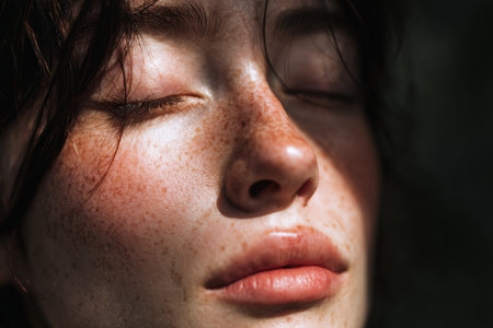 A close-up portrait of a woman meditating with eyes closed, displaying a calm expression. Sunlight gently illuminates her face, with a blurred natural background enhancing tranquility.の素材