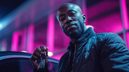 A confident man with a bald head and goatee receives keys to a luxury electric car in a neon-lit showroom. He wears a stylish black jacket, enhancing the cinematic atmosphere.の素材